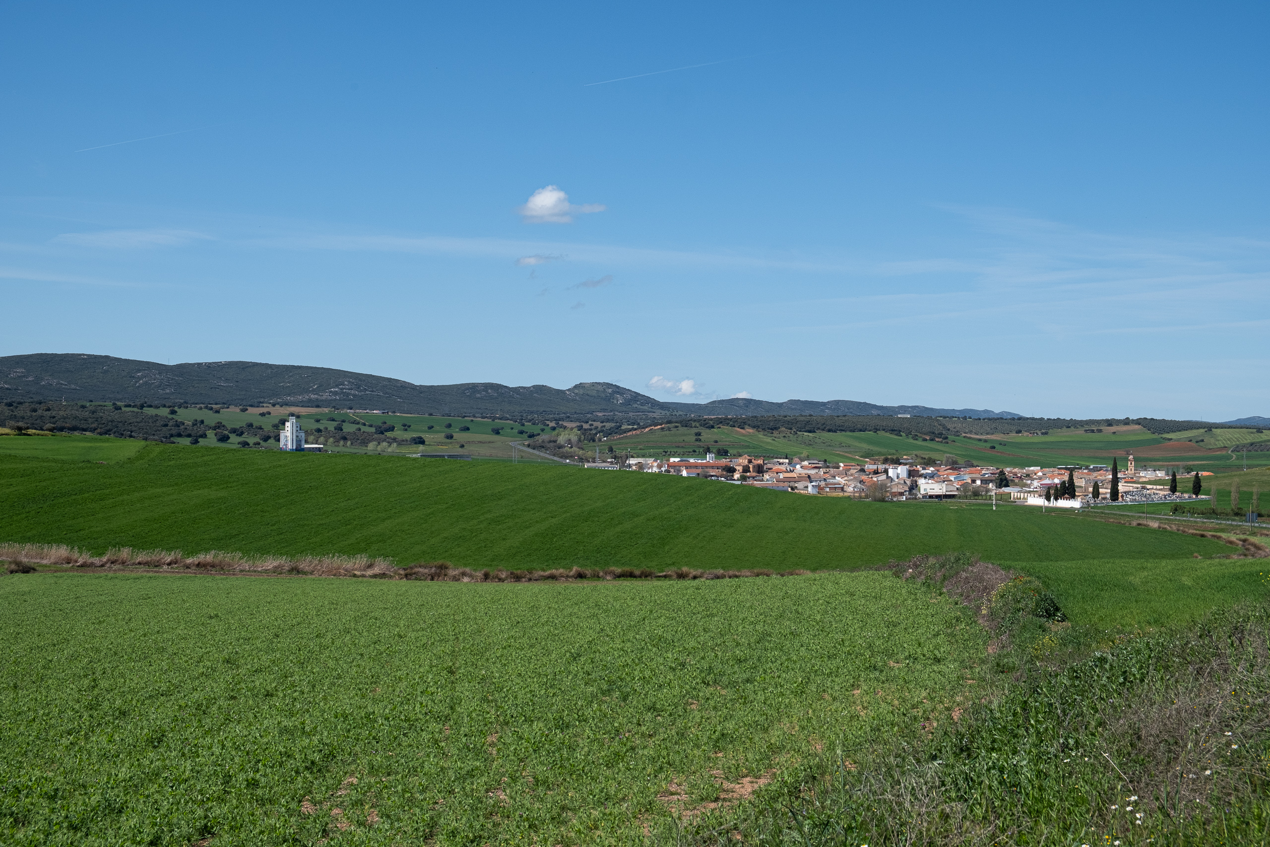 Anfahrt auf Almodóvar del Campo durch weite grüne Felder